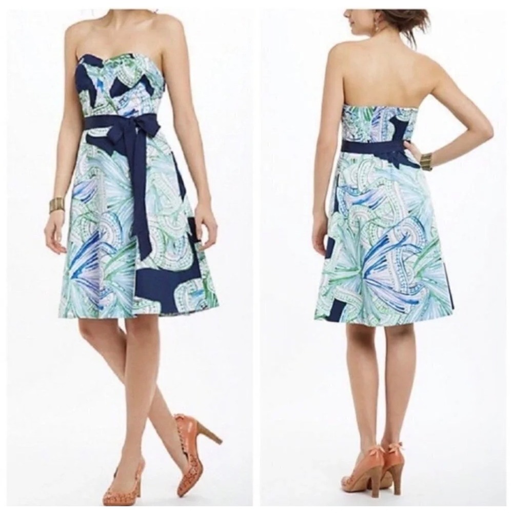 Moulinette Soeurs Anthropologie Abstract Print Fit Flare Dress Navy Green Sz 10